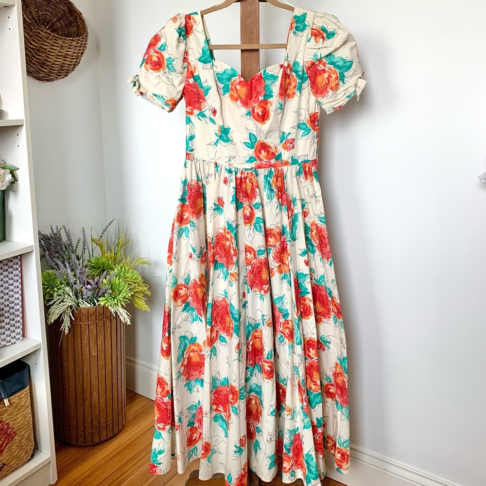 Laura Ashley Cream Floral Midi Dress with Red & Teal Flowers - Picture 12 of 15